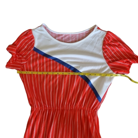 Vintage 70s Red With & Blue Striped Bluson Short Sleeve Day Dress - Picture 7 of 8